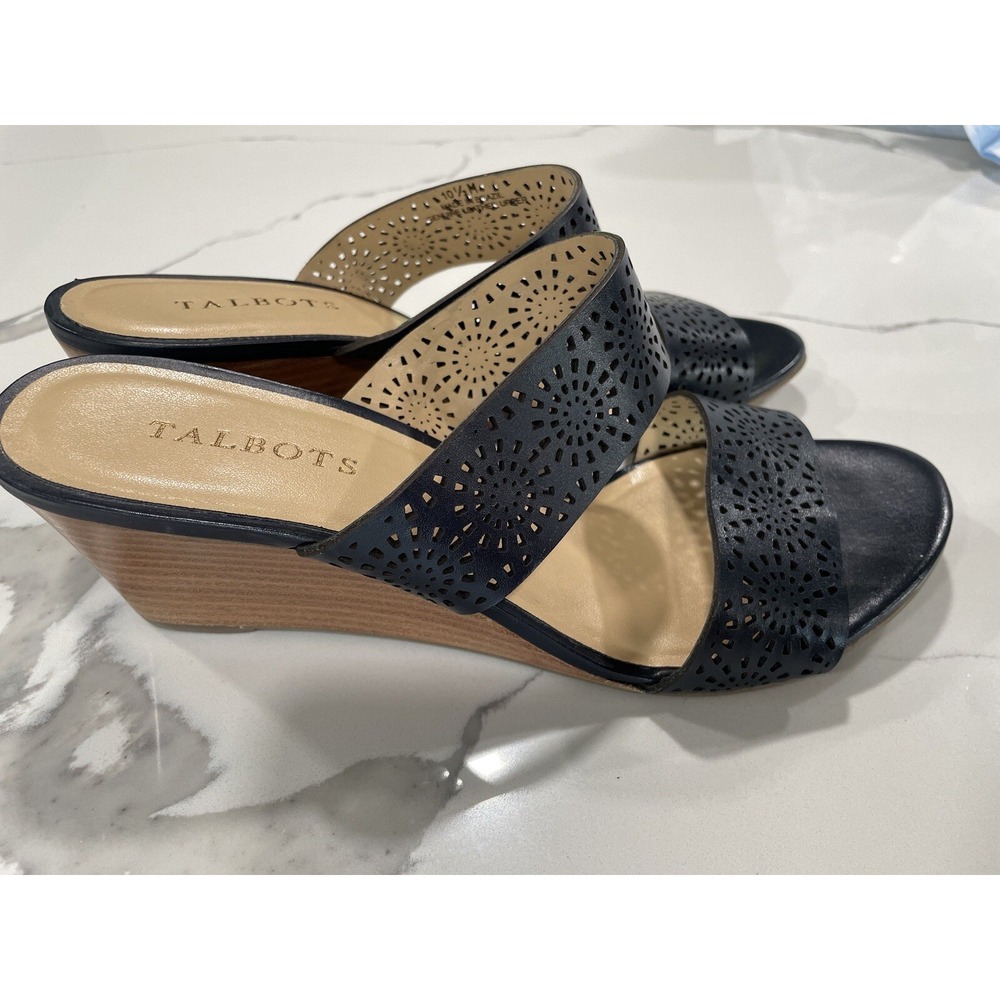 Talbots Sz 10.5 M Women's Leather Slide Wedge Sandal Shoes Perforated Black SH10